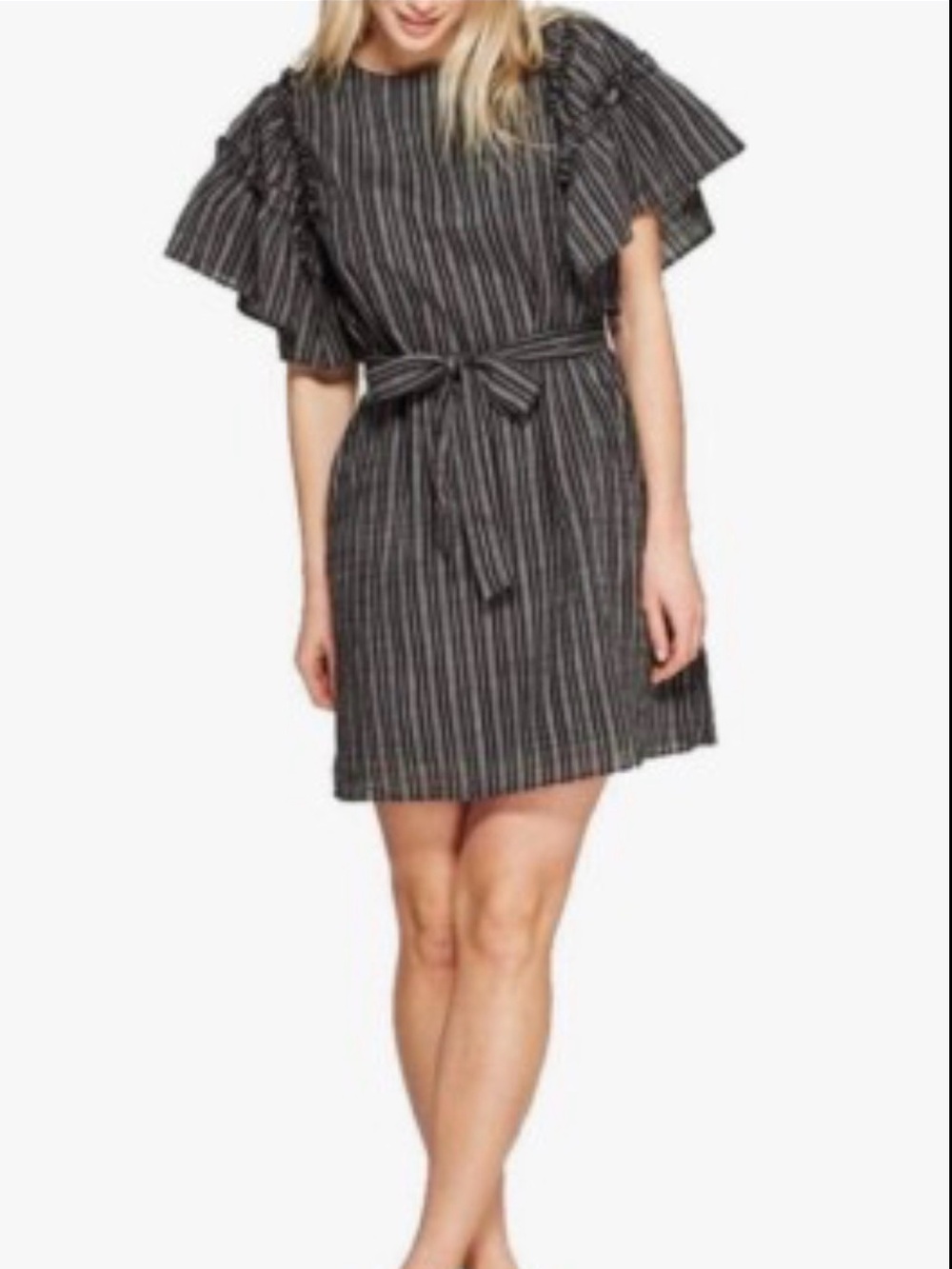 Who What Wear Target Ruffle Sleeve Black Pinstripe Dress with Tie Waist